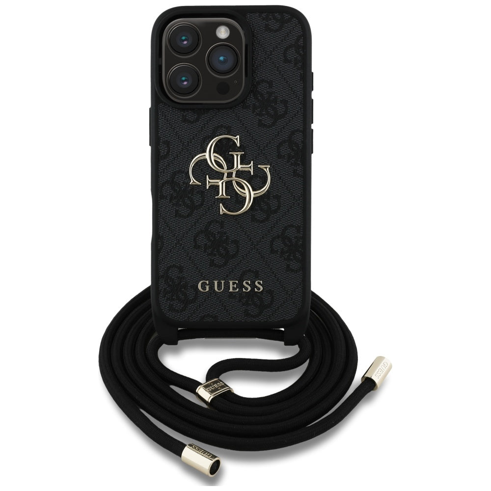 Case for Apple iPhone 16 Pro, Guess, 4G CBDY Big Logo with Cord Strap, Black