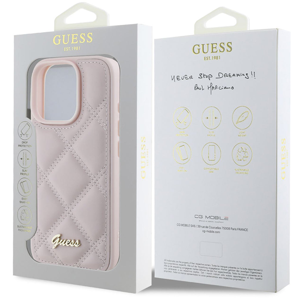 Case for Apple iPhone 16 Pro, Guess, Quilted Metal Logo, Pink