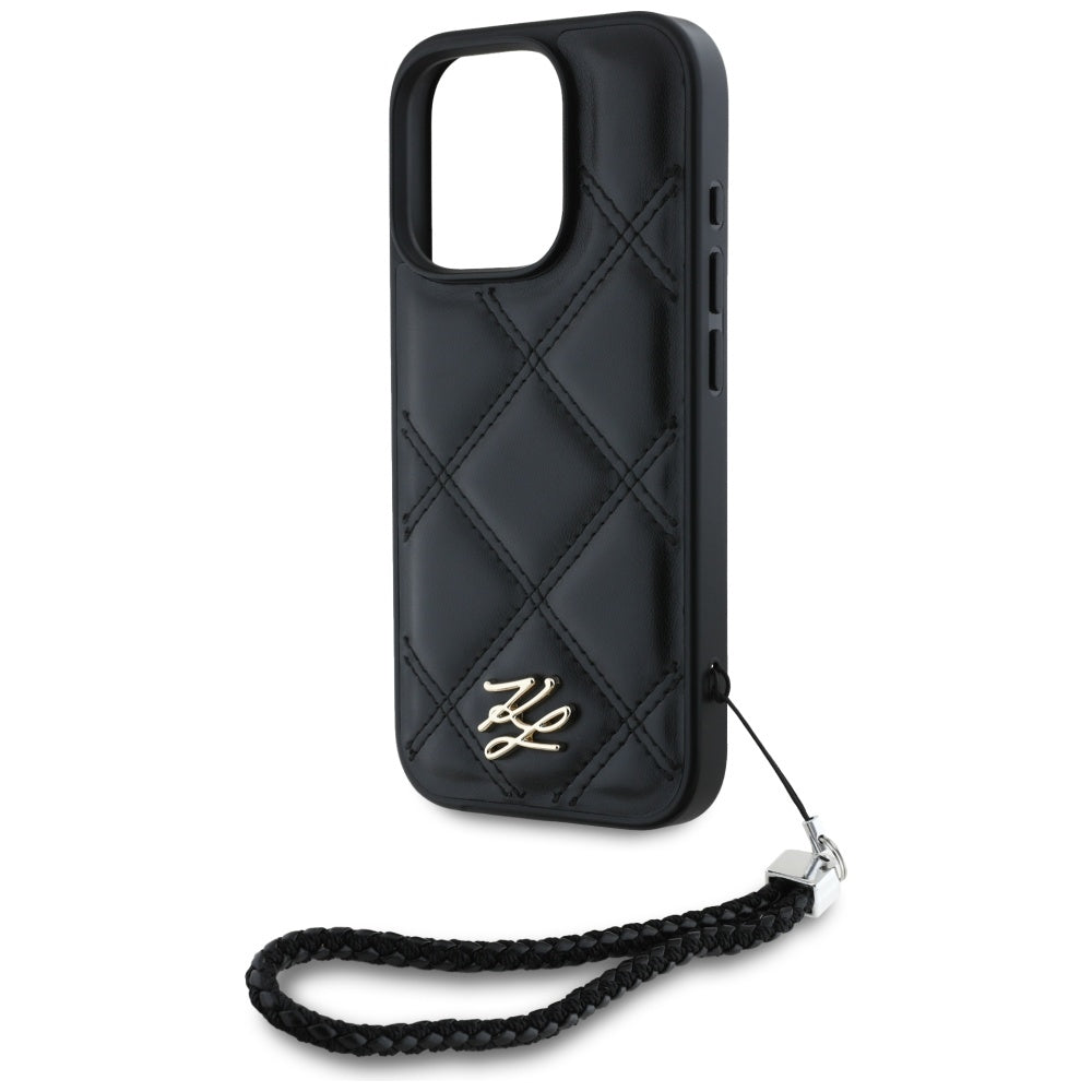 Case for Apple iPhone 16 Pro, Karl Lagerfeld, Quilted Initial Logo & Chain Strap, Black