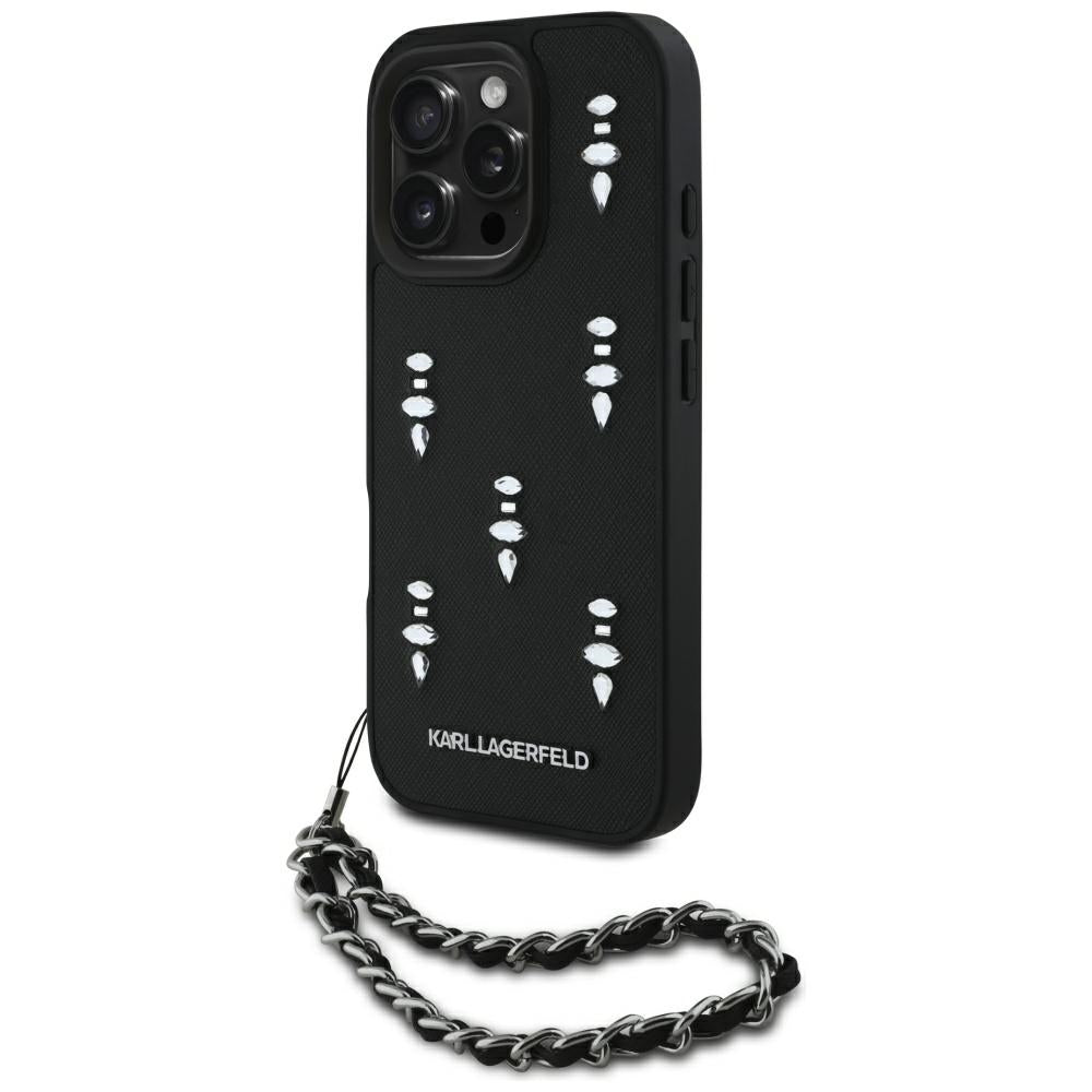 Case for Apple iPhone 16 Pro Max, Karl Lagerfeld, Saffiano Crystals & Charm, Black