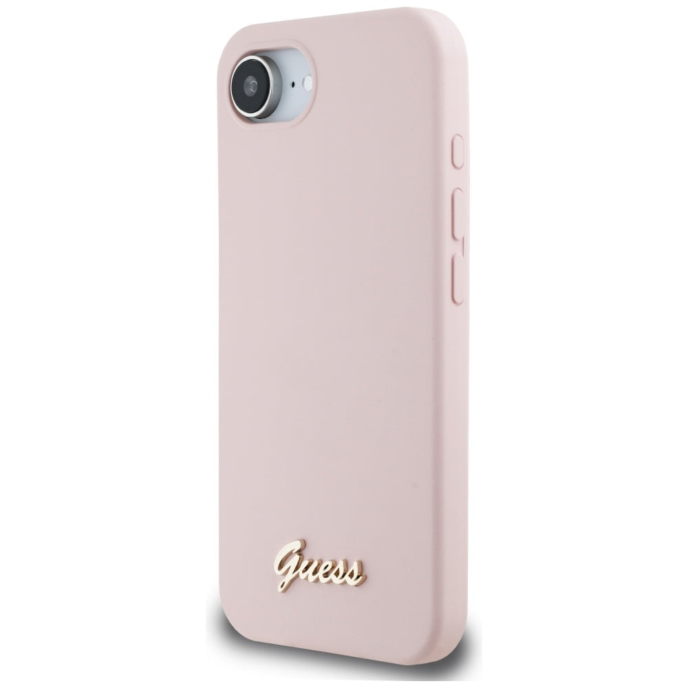 Case for Apple iPhone 16e, Guess, Script Metal Logo, Pink