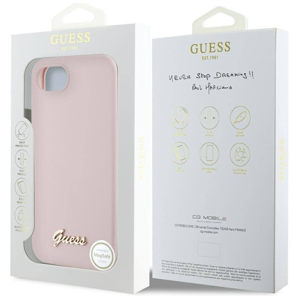 Case for Apple iPhone 16e, Guess, Script Metal Logo, Pink