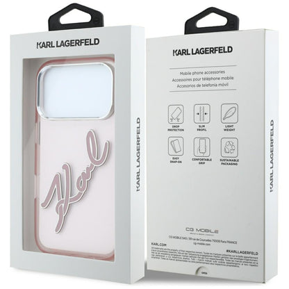 Case for Apple iPhone 18 Pro / 17 Pro, Karl Lagerfeld, IML Big Signature Resin Logo and Metal Frame, Pink