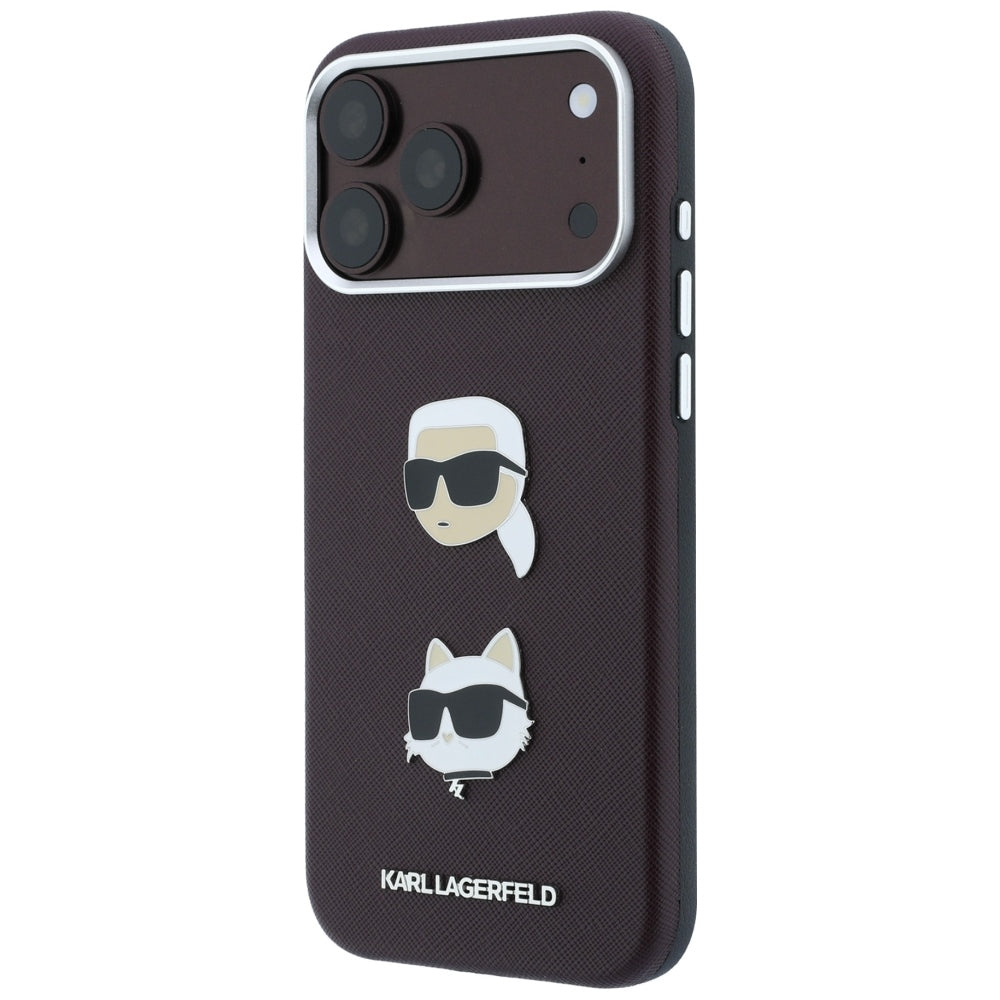 Case for Apple iPhone 18 Pro / 17 Pro, Karl Lagerfeld, Saffiano with Karl & Choupette Head's Pin and Logo, Burgundy