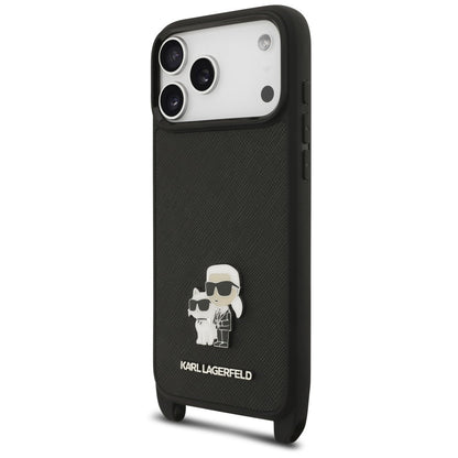 Case for Apple iPhone 18 Pro Max / 17 Pro Max, Karl Lagerfeld, Saffiano Crossbody Metal Pin Karl & Choupette, Black