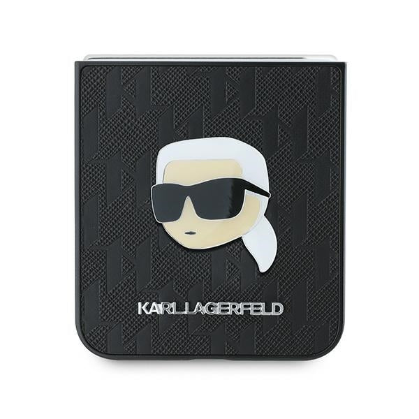Case for Samsung Galaxy Z Flip7 FE F761 / Z Flip6 F741, Karl Lagerfeld, Saffiano Monogram Karl's Head Metal, Black