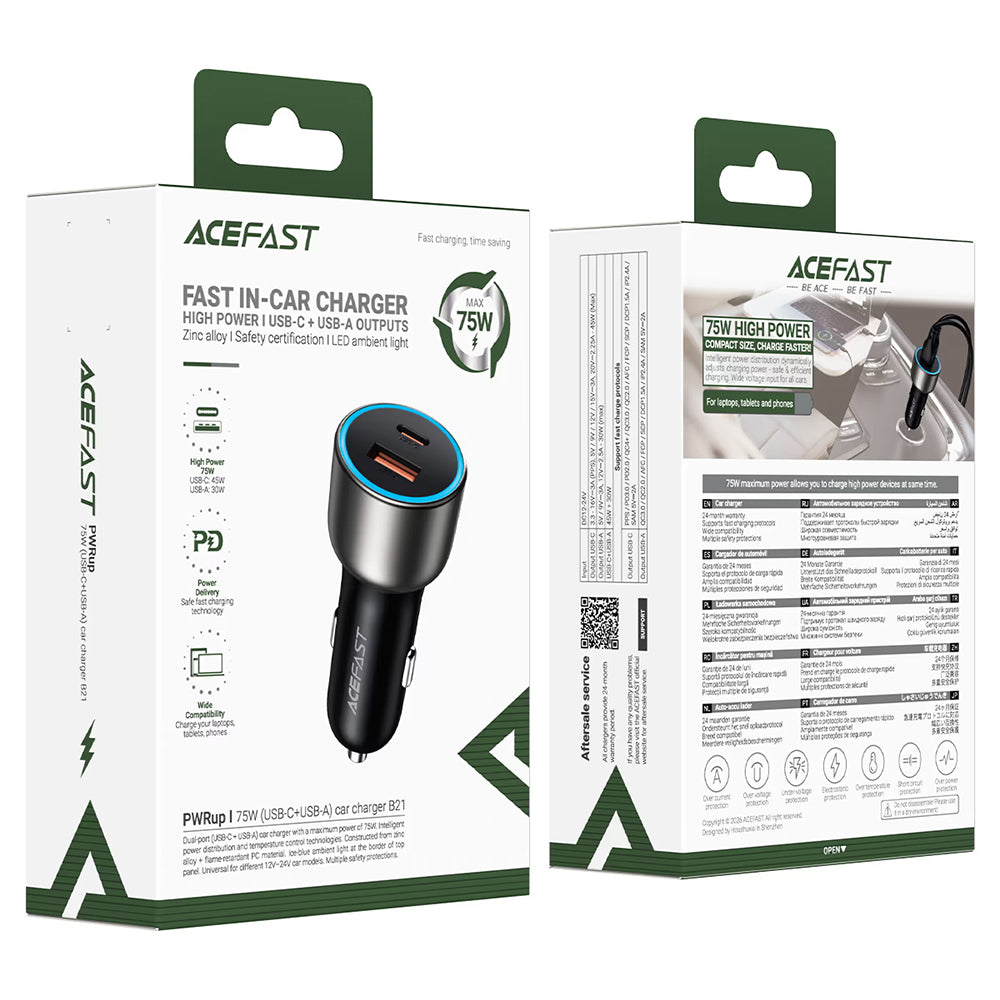 Acefast B21 Car Charger, 75W, 3A, 1 x USB-A - 1 x USB-C, Gray