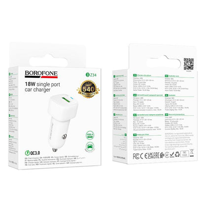 Borofone BZ34 Cloud Car Charger, 18W, 3A, 1 x USB-A, White