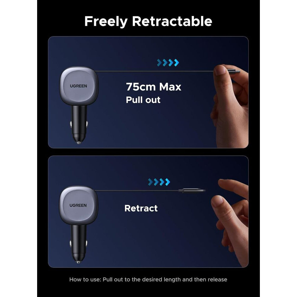 UGREEN EC601 Car Charger with USB-C Cable, 75W, 3A, 1 x USB-A - 1 x USB-C, Grey