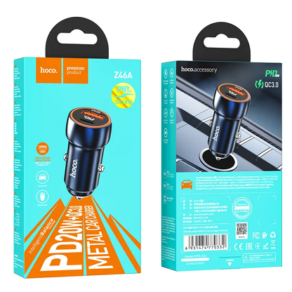 HOCO Z46A Car Charger, 20W, 3A, 1 x USB-A - 1 x USB-C, Blue