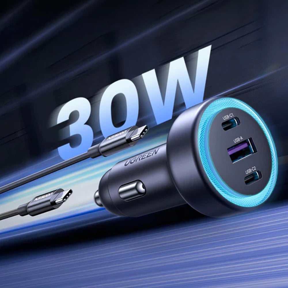 UGREEN EC307 Car Charger, 30W, 3A, 1 x USB-A - 2 x USB-C, Gray