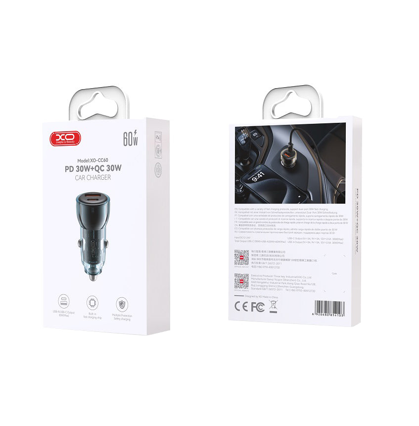XO Design CC60 Car Charger, 60W, 3A, 1 x USB-A - 1 x USB-C, Blue