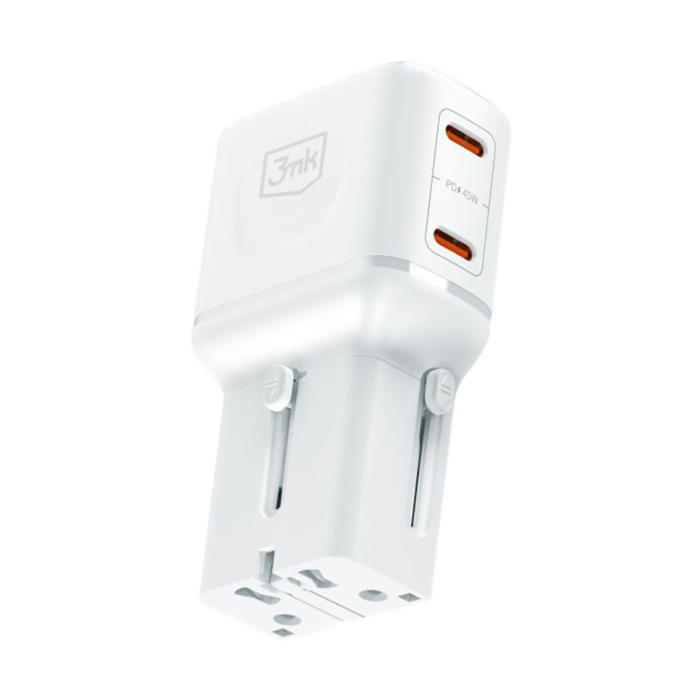 3MK Globe Travel Wall Charger, 45W, 3A, 2 x USB-C, White