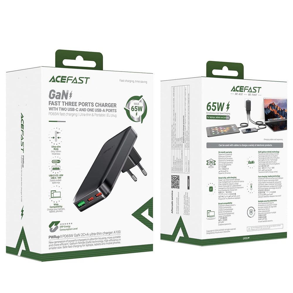 Acefast A100 Network Charger, 65W, 3.25A, 1 x USB-A - 2 x USB-C, Black