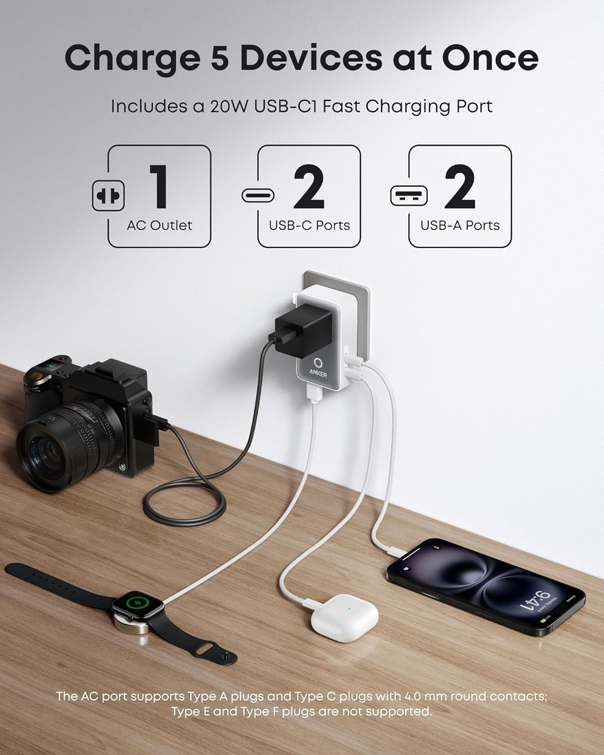 Anker Nano Travel Network Charger, 20W, 3A, 2 x USB-A - 2 x USB-C, White A9215H21