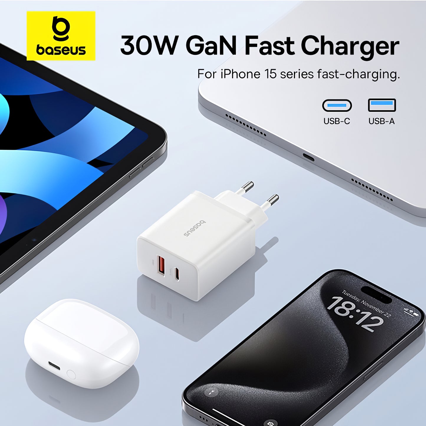 Network Charger Baseus Cube, 30W, 2.4A, 1 x USB-A - 1 x USB-C, White P10111404213-00 