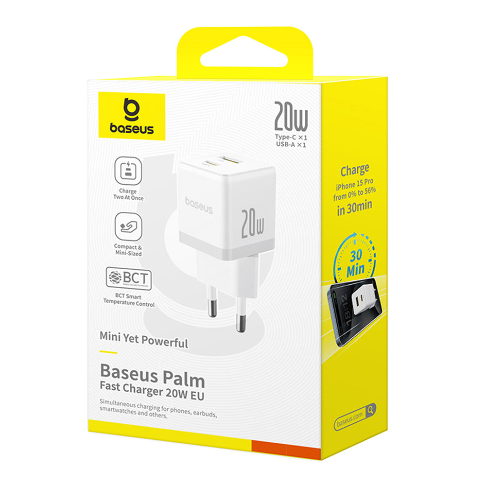 Baseus Palm Network Charger, 20W, 3A, 1 x USB-A - 1 x USB-C, White CCZC20UE