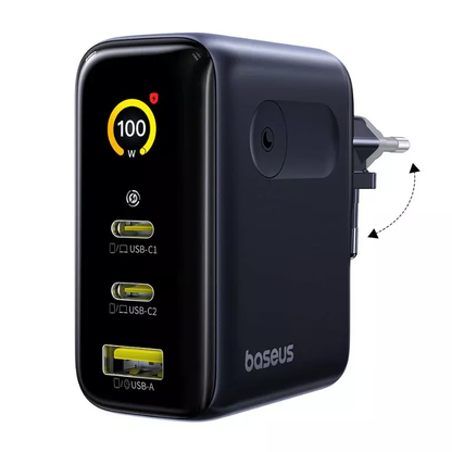 Baseus PicoGo AE21 Display Wall Charger, 100W, 5A, 1 x USB-A - 2 x USB-C, Black E0121B00