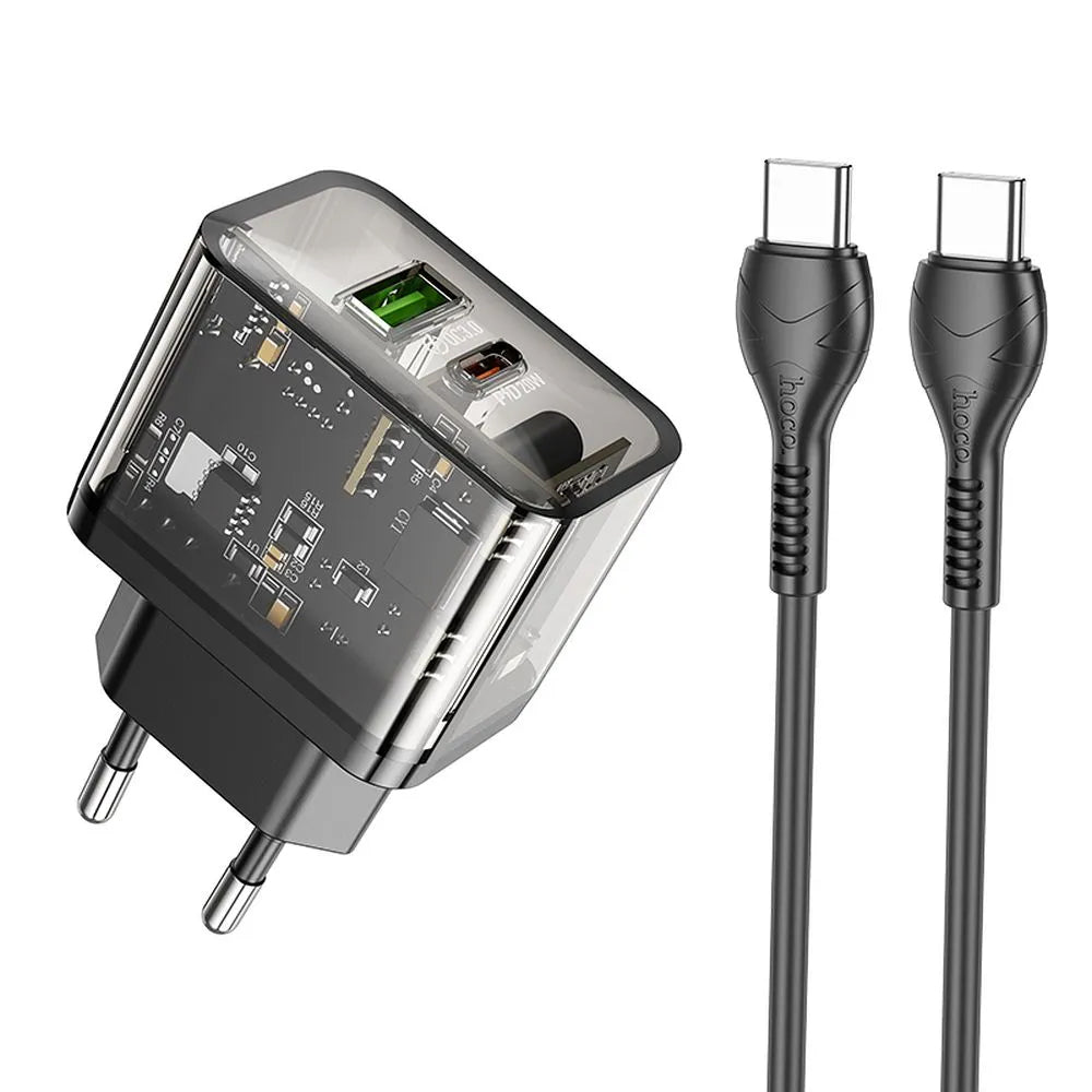 Network Charger with USB-C Cable HOCO N34, 20W, 3A, 1 x USB-A - 1 x USB-C, Transparent