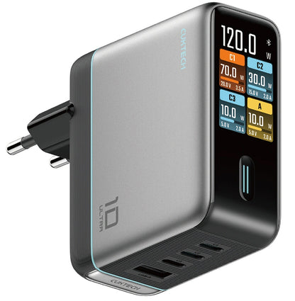 Cuktech AD1204U Display USB-C Cable Network Charger, 120W, 6A, 1 x USB-A - 2 x USB-C, Silver