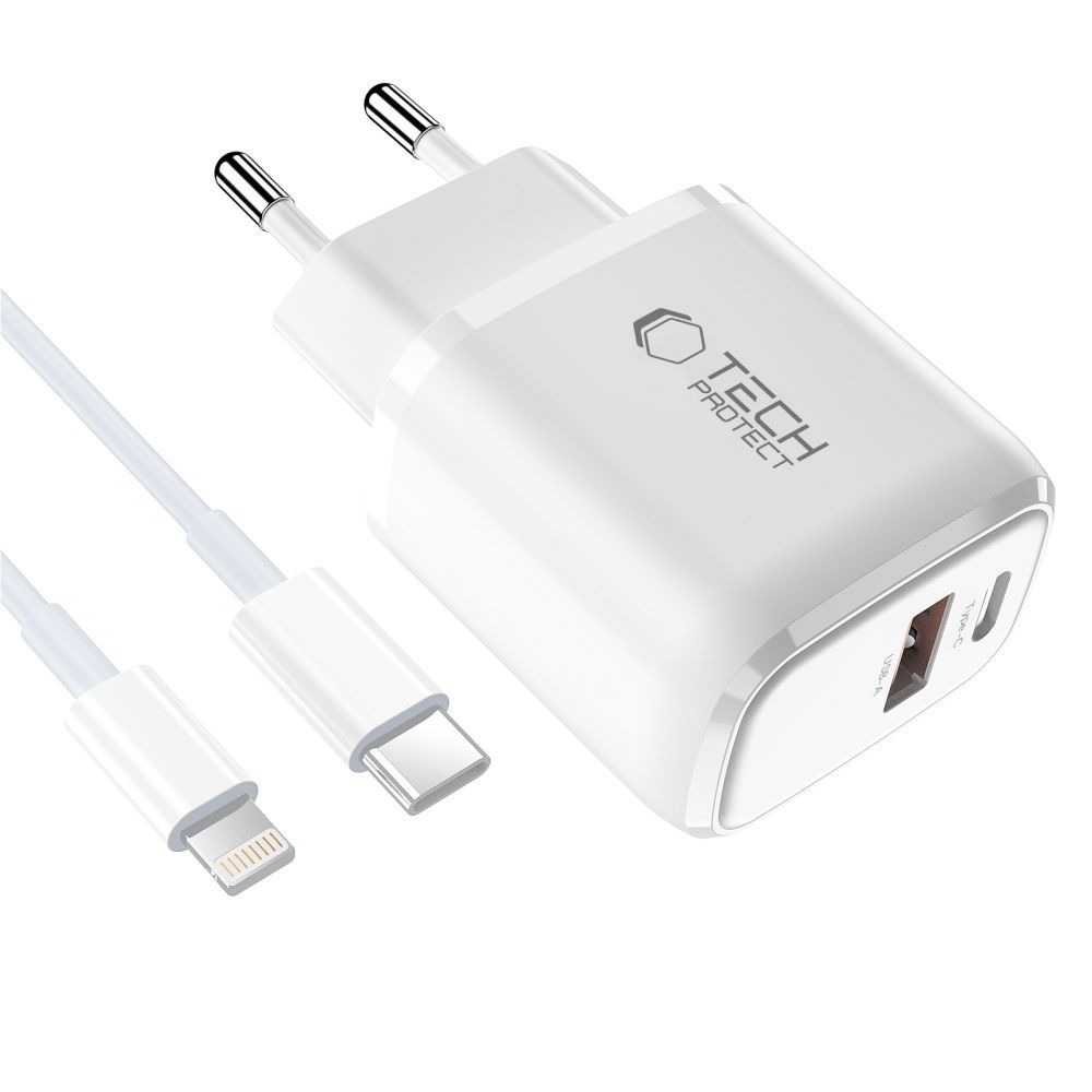 Tech-Protect NCA20 Lightning Cable Wall Charger, 20W, 3A, 1 x USB-A - 1 x USB-C, White