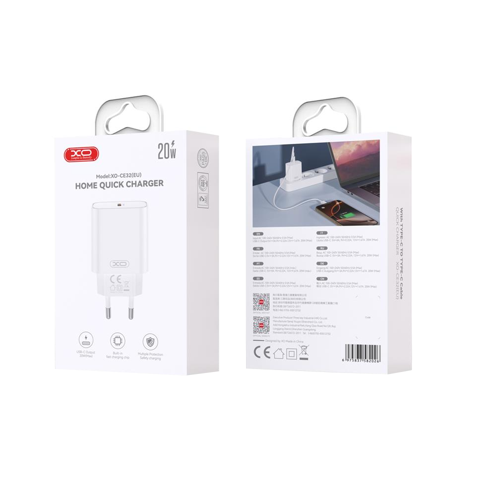 XO Design CE32 Lightning Cable Wall Charger, 20W, 3A, 1 x USB-C, White