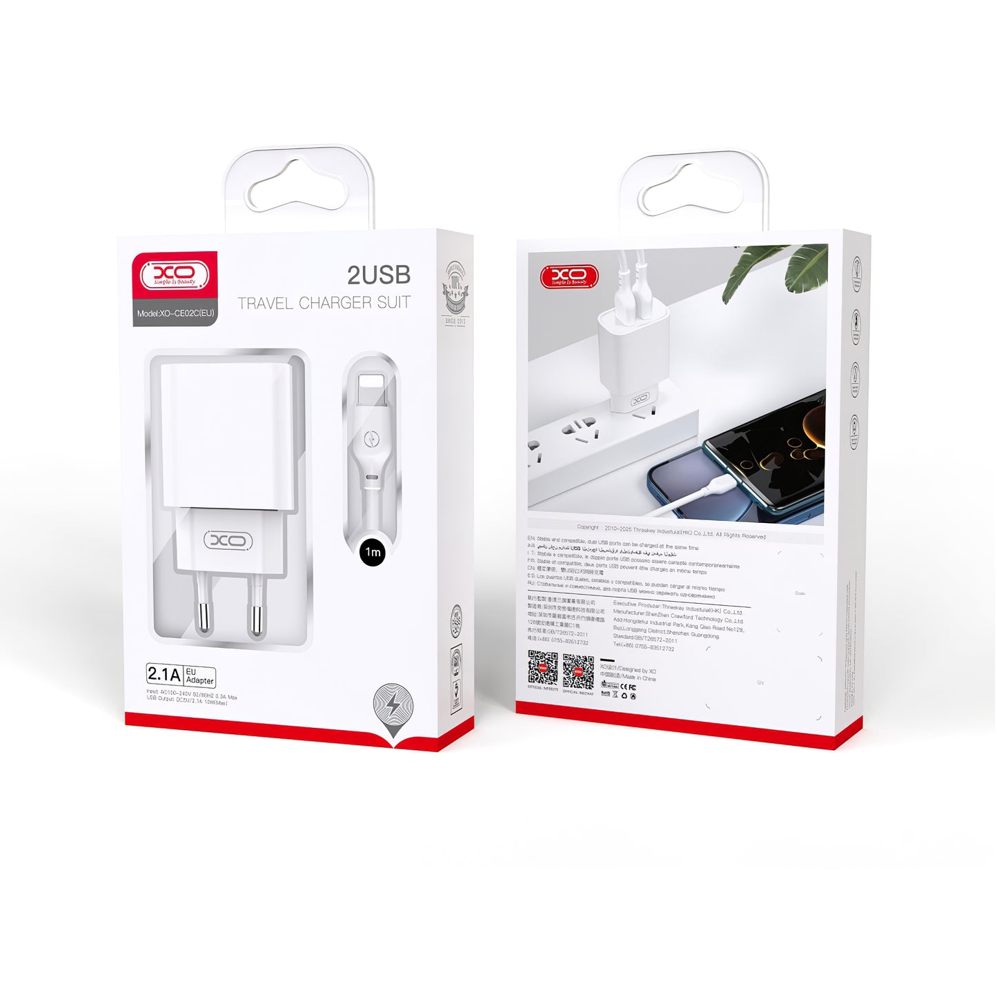 Network Charger with Lightning Cable XO Design CE02C, 10.5W, 2.1A, 2 x USB-A, White 