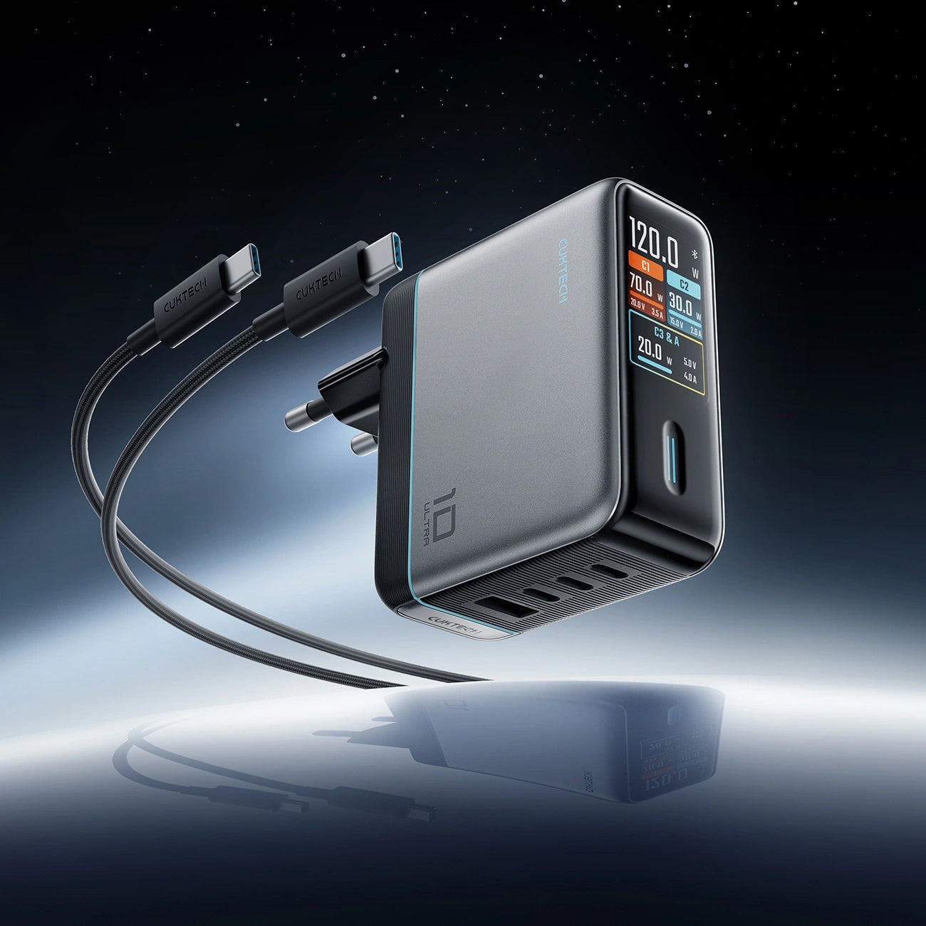 Cuktech AD1204U Display USB-C Cable Network Charger, 120W, 6A, 1 x USB-A - 2 x USB-C, Silver
