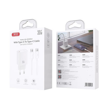 XO Design CE53 Mains Charger with USB-C Cable, 30W, 3A, 1 x USB-C, White