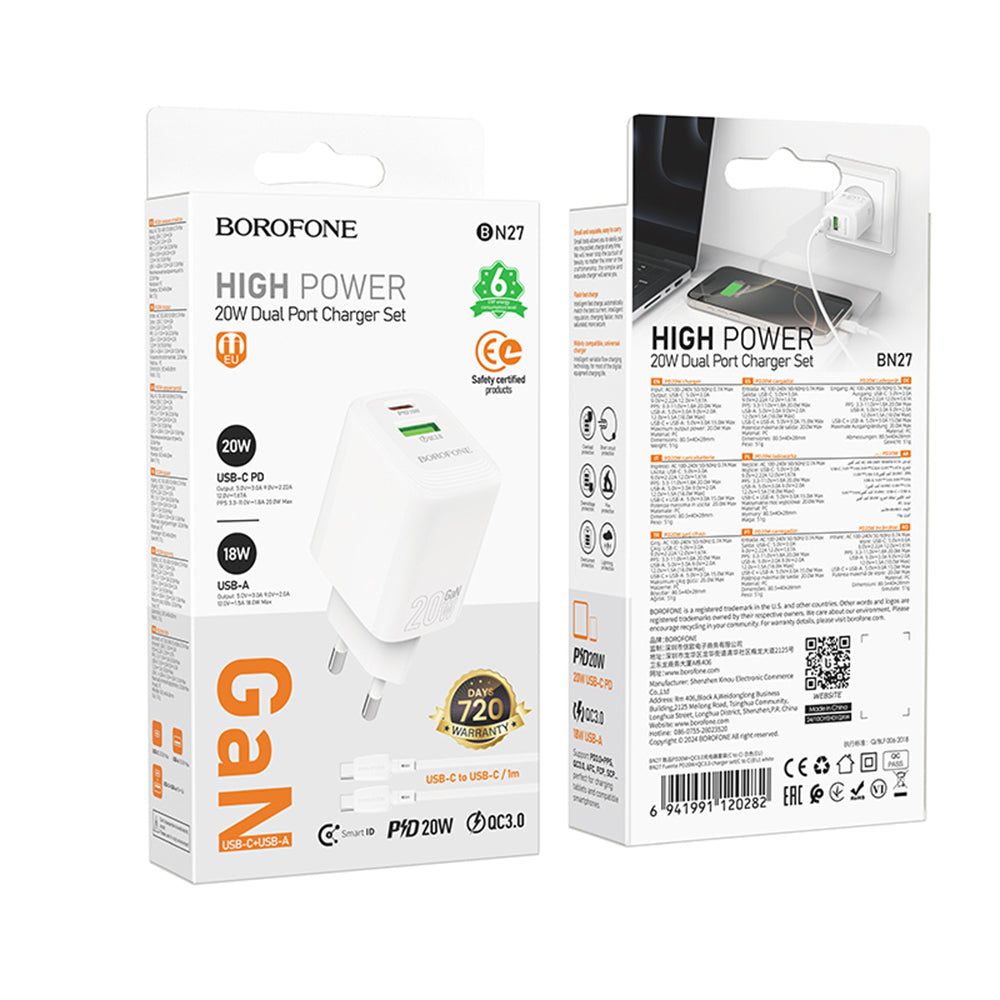 Network Charger with USB-C Cable Borofone BN27 Fuente, 20W, 3A, 1 x USB-A - 1 x USB-C, White