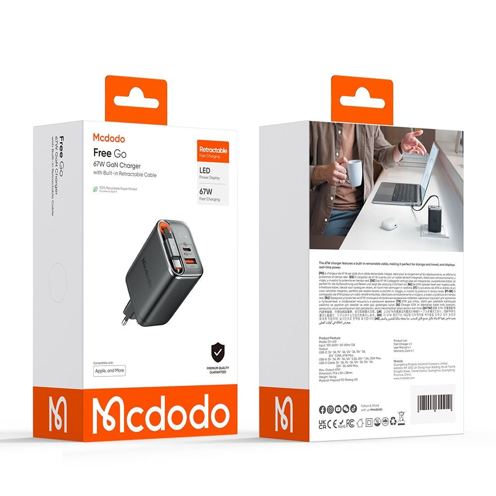 McDodo CH-4100 FreeGo Display Network Charger with USB-C Cable, 67W, 3.35A, 1 x USB-A - 1 x USB-C, Black