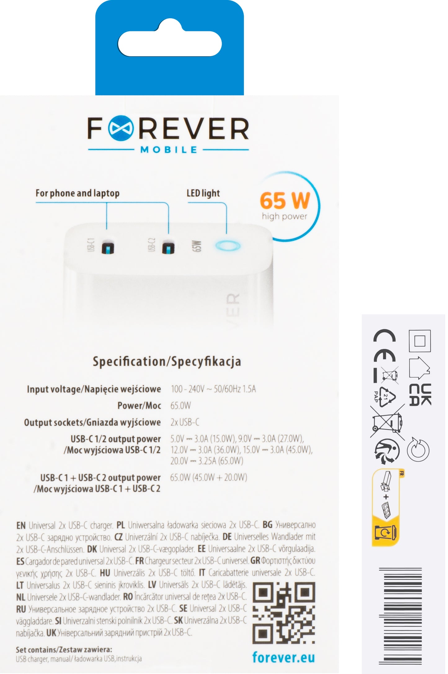Forever Network Charger TC-06-65CC, 65W, 3.25A, 2 x USB-C, White 