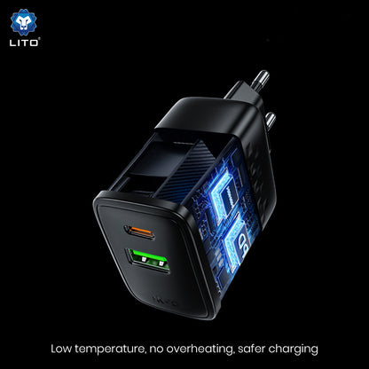 Lito LC24 Network Charger, 65W, 3.25A, 1 x USB-A - 1 x USB-C, Black