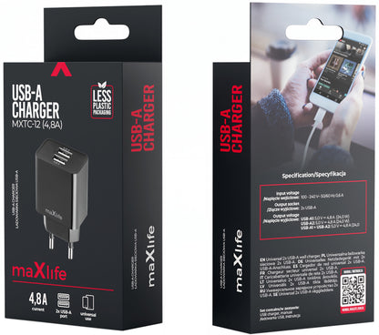 MaXlife MXTC-12 Network Charger, 24W, 2.4A, 2 x USB-A, Black