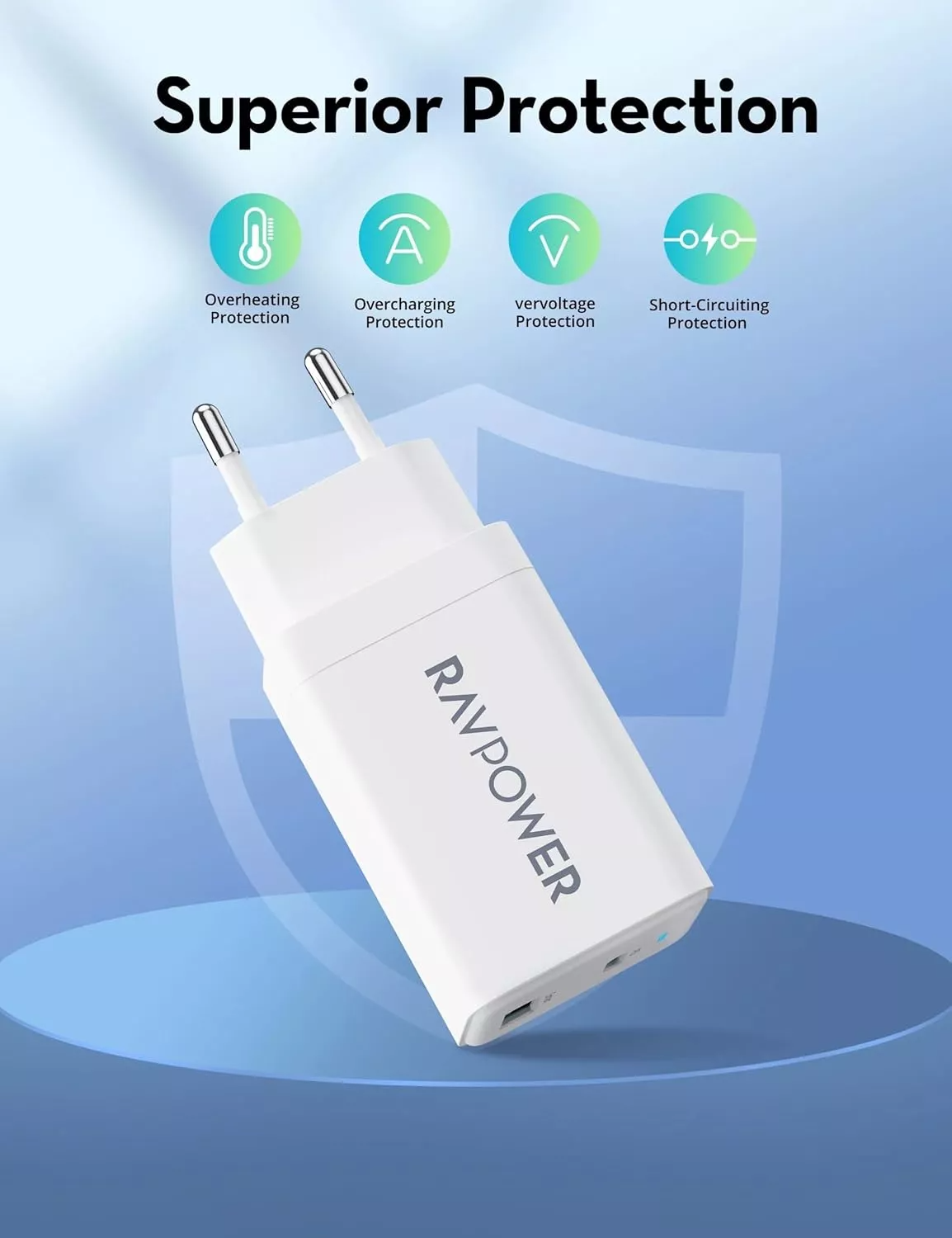 RavPower RP-PC171 Wall Charger, 45W, 3A, 1 x USB-A - 1 x USB-C, White