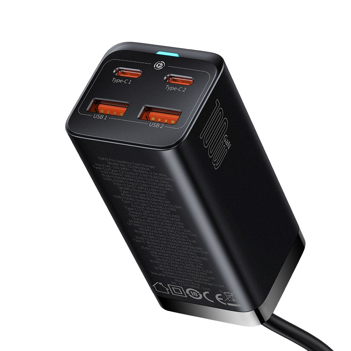 Baseus GaN3 Pro Charging Station, 100W, 5A, 2 x USB-A - 2 x USB-C, Black CCGP000101