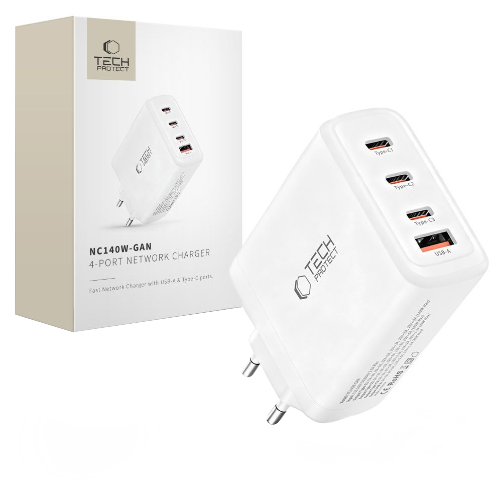 Tech-Protect NC140W-GAN Network Charger, 140W, 5A, 1 x USB-A - 3 x USB-C, White