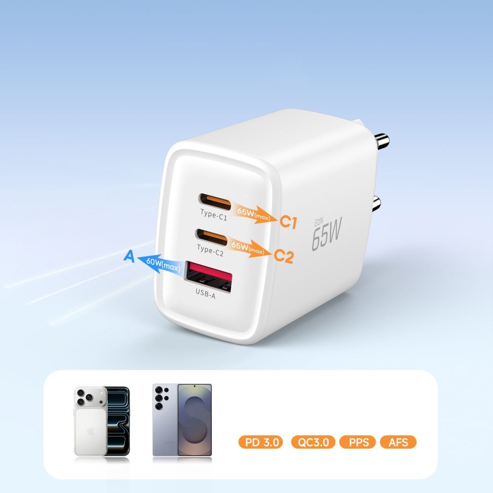 Tech-Protect NCA65W Network Charger, 65W, 3A, 1 x USB-A - 2 x USB-C, White