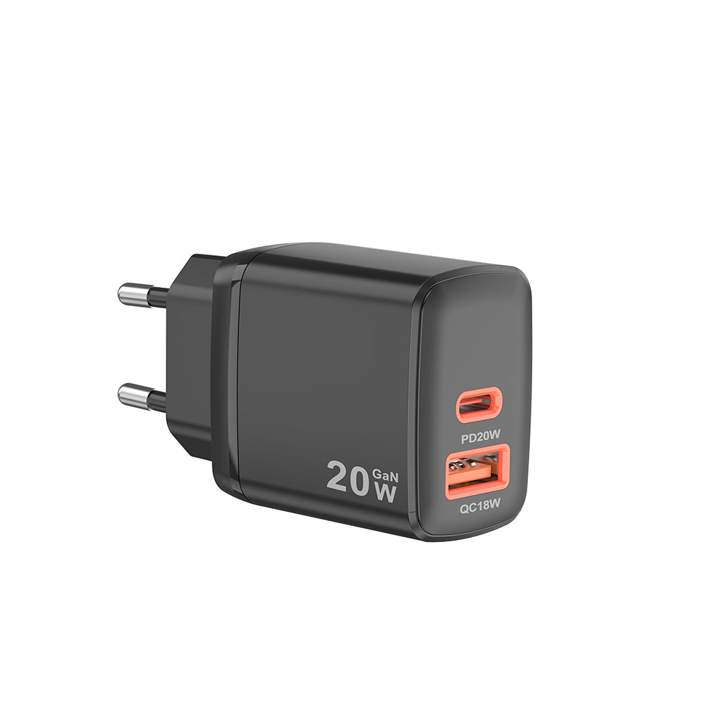 Techsuit CH2 Duonix Network Charger, 20W, 3A, 1 x USB-A - 1 x USB-C, Black