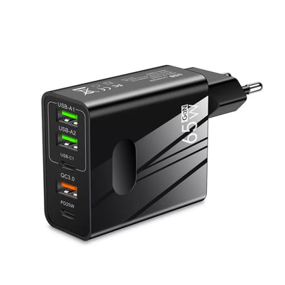 Techsuit CHC1 PentaXPower Network Charger, 25W, 3A, 3 x USB-A - 2 x USB-C, Black