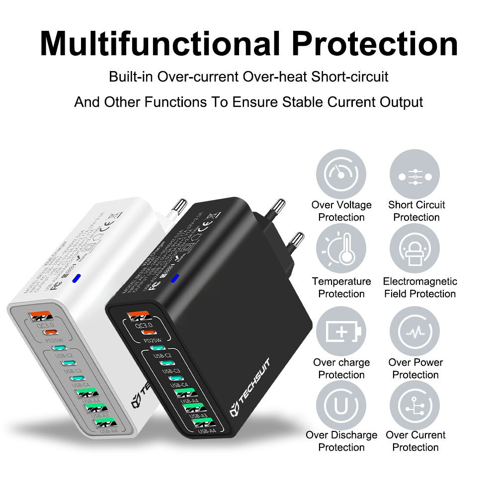 Techsuit CHPD224 Network Charger, 65W, 3.25A, 4 x USB-A - 4 x USB-C, Black