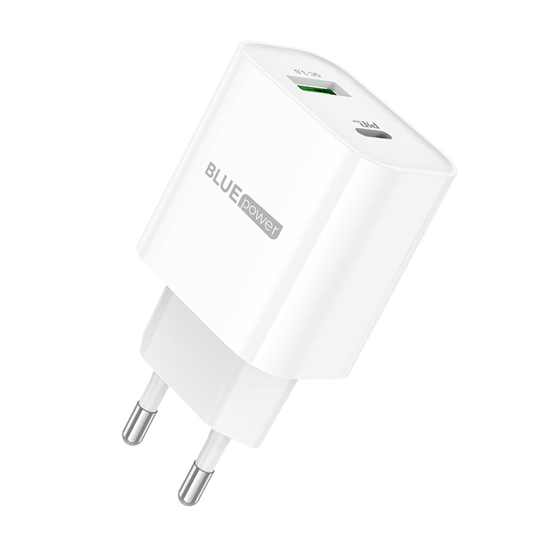 BLUE Power BC80A Network Charger, 20W, 3A, 1 x USB-A - 1 x USB-C, White