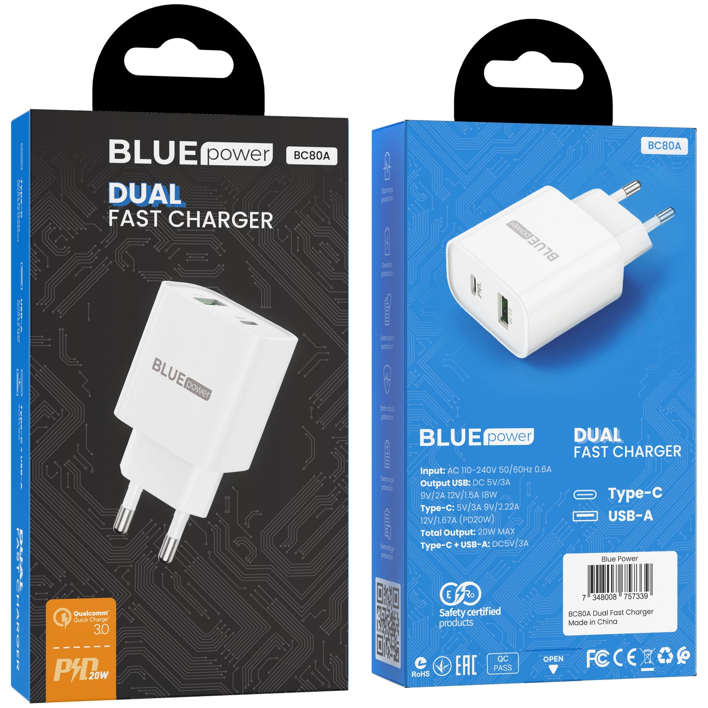 BLUE Power BC80A Network Charger, 20W, 3A, 1 x USB-A - 1 x USB-C, White