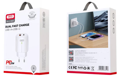 XO Design L114 Network Charger, 20W, 3A, 1 x USB-A - 1 x USB-C, White