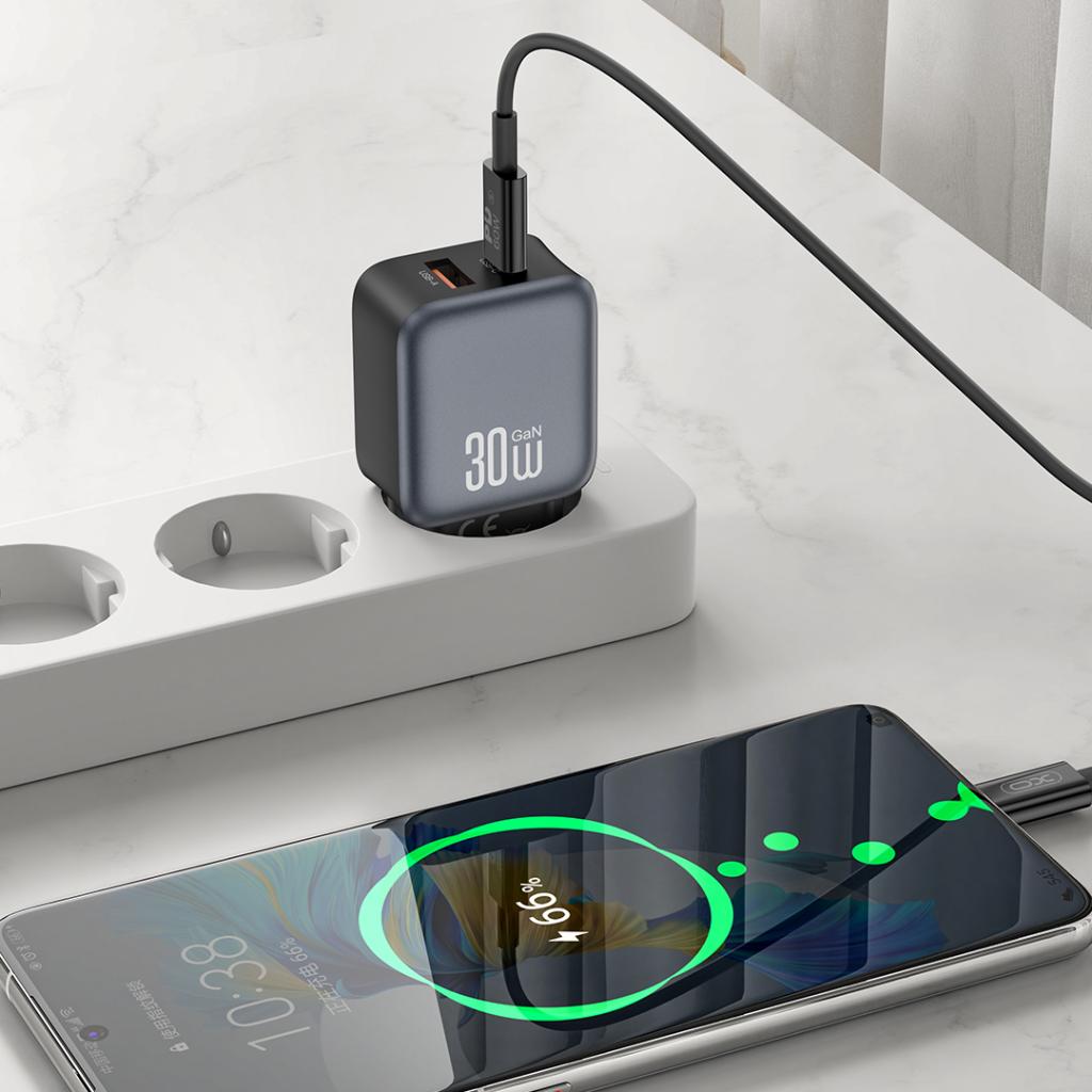 XO Design L156 Network Charger, 30W, 3A, 1 x USB-A - 1 x USB-C, Black