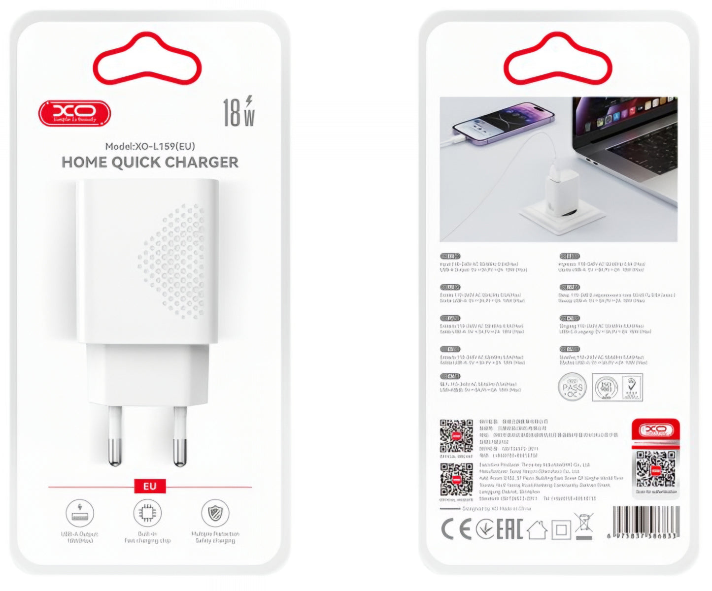 XO Design L159 Network Charger, 18W, 3A, 1 x USB-A, White