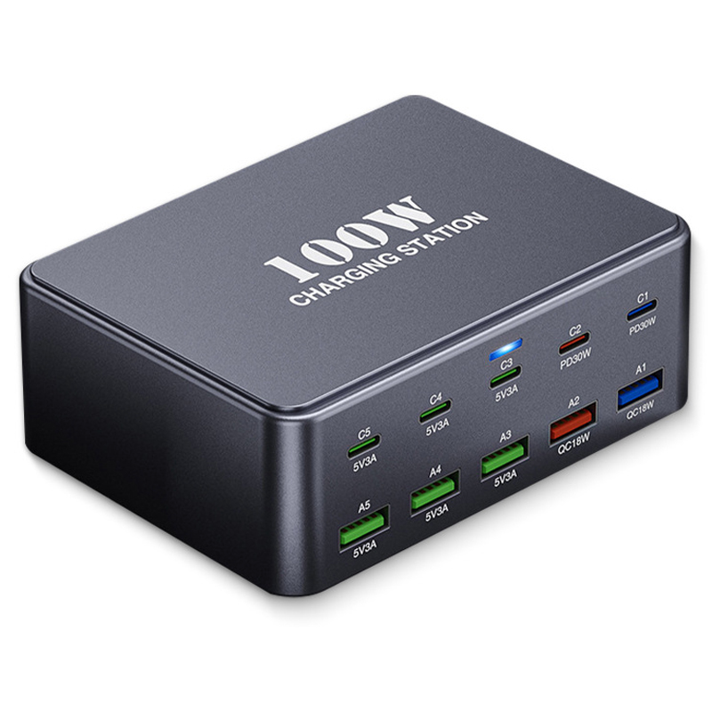 OEM HW33 Station Charger, 100W, 3A, 5 x USB-A - 5 x USB-C, Gray