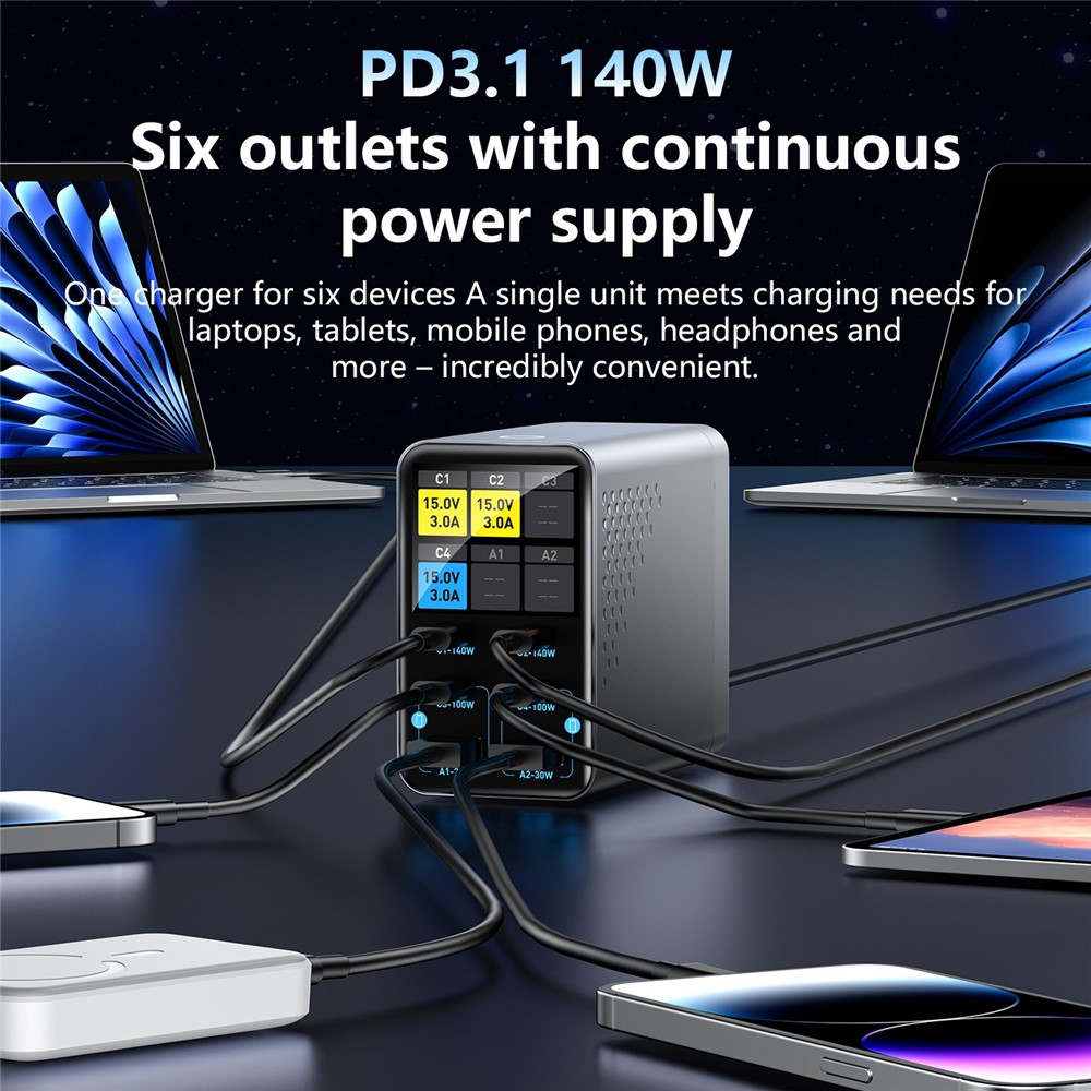 OEM WLX-G3 Station Charger, 140W, 5A, 2 x USB-A - 4 x USB-C, Gray