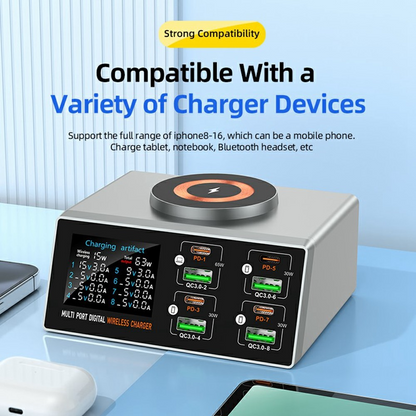 OEM WLX-X9S QI Station Charger, 140W, 3A, 4 x USB-A - 4 x USB-C, Silver