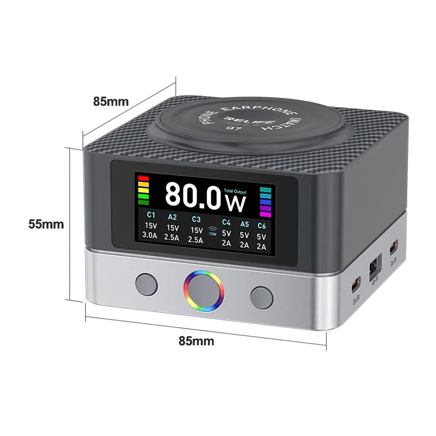 Relife Q7 QI Charging Station, 80W, 3.25A, 2 x USB-A - 4 x USB-C, Gray